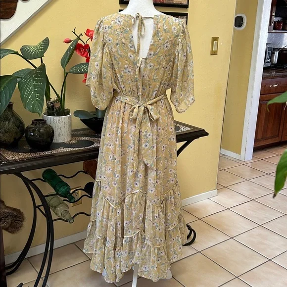 Storia Clarity Tiered Ruffle Floral Cottage Core Washed Yellow Maxi Dress Med - Picture 11 of 16